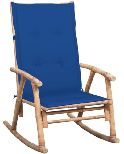 Runheo Schaukelstuhl mit Kissen, Bambus Natur, Königsblau, 66x86x105 cm, UV-beständig, wetterfest, für Garten, Terrasse, Balkon, bequemer Outdoor-Sessel