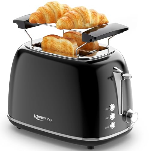 Keenstone Tostapane con pinze Retro a 2 fette, extra larghe in acciaio inox, 6 livelli di doratura, funzioni di riscaldamento e scongelamento; tostapane per toast farciti; Vassoio raccoglibriciole