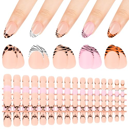 Kiiwah 160 Pièces French Faux Ongles, Amande Press on Nails Court Couverture Complète Faux Ongles à Coller pour Femme et Fille Nail Art, 5 Couleurs (Léopard)