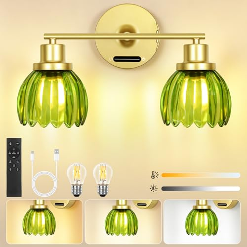 OUTON 2 Light Bathroom Wall Lights, Rechargeable Battery Operated Wall Sconce with Green Tulip Glass Lampshade, Remote, Touch Control, Dimmable, 8000mAh Battery, Wall Lamp for Mirror Living Room