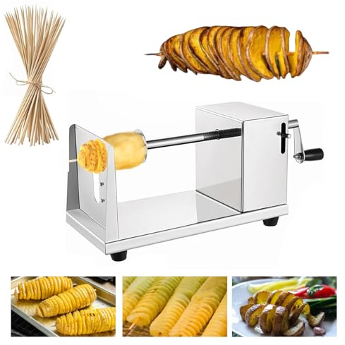 LANZLC Edelstahl Spiralschneider Kartoffel, Kartoffelschneider mit Rutschfester Griff, Kartoffel Spiralschneider Inklusive 50 Bambusspieße, Kartoffelspiralenschneider für Obst,Tornado Chips