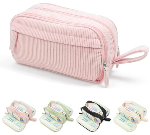 Boziee Federmäppchen Cord-Stoff Stiftetasche für Mädchen Teenager Große Kapazität Schulmäppchen mit 3 Fächern Pencil case für Schule und Büro (Rosa)