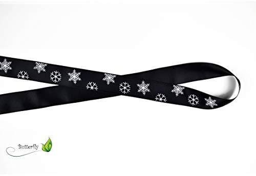 20m Rolle Satinband 25mm weiße Schneeflocken // Schleifenband Weihnachten Dekoband Geschenkband Weihnachtsband (schwarz 030)