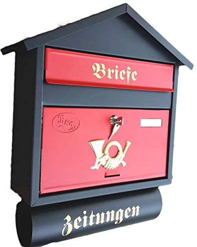 Großer Briefkasten/Postkasten XXL Schwarz/Rot Matt mit Zeitungsrolle Zeitungsfach Spitzdach Zeitungsrohr Bicolor
