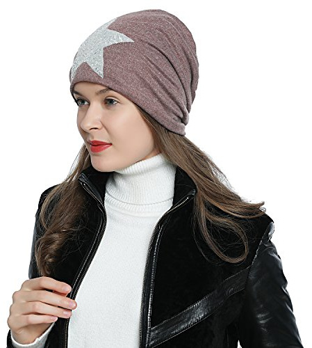 DonDon Mütze Damen Wintermütze Slouch Beanie gefüttert mit Stern Print