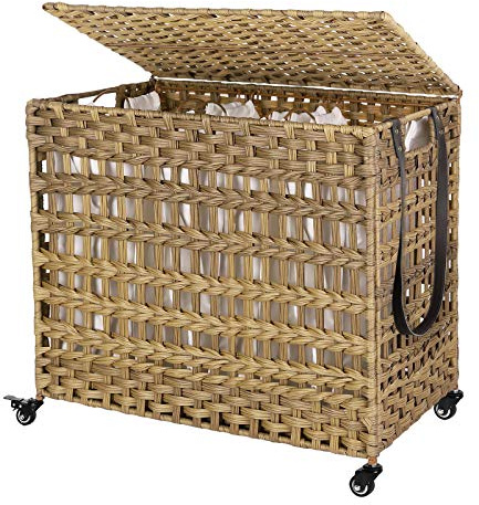 SONGMICS Wäschesammler mit Deckel, 140L Synthetisches Rattan Wäschekorb mit Rollen, Wäschekorb mit 3 herausnehmbaren Auskleidungstaschen, 3-teilige Körbe mit Griffen, Waschküche, Natur ULCB083N01