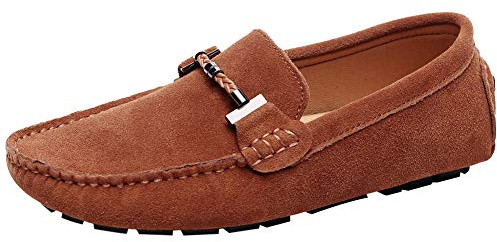 Jamron Mens Elegant Buckle Loafers Comfort Suede Driving Shoes Stylish Moccasin Slippers Tan SN19020 UK6