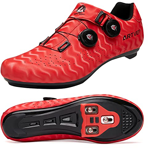 ARTVEP Herren Radschuhe Damen MTB Fahrradschuhe Kompatibel mit Look SPD SPD-SL Delta Lock Pedal Reitschuhe Kompatibel mit Peloton Schuhen Streifen Rot EU 47/285
