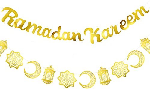 2 Stücke Ramadan Kareem Banner Gold Glitzerndes Banner und Mond Sterne Laterne Girlande Dekorative Eid Festival Hängende Girlanden für Haus Party Lieferung Ramadan Dekorationen