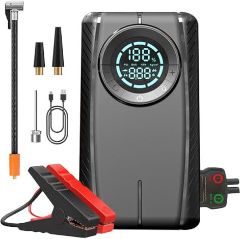 Jump Starter Battery Pack with Air Compressor -Huachuang Car Battery Jump Starter (6.0 Gas/3.0L Diesel), 12V Car Jumper Starter Portable, Jump Box with Smart Jumper Cables, Tire Inflator, LED Light