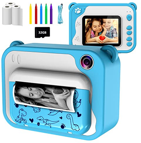 Kids Digital Camera,Instant Print Cameras for Boys Girls,2.4 Inch Screen,1080P Print Camera with 32GB Memory Card, 5 Color Pens,3 rolls of printing papers, Children Mini Rechargeable Toy(Blue)