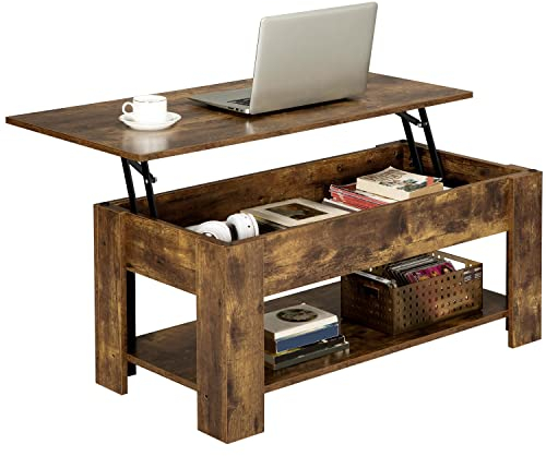 Yaheetech Table Basse avec Plateau Relevable Table de Salon Moderne avec Etagère de Rangement Compartiment Caché pour Salon Bureau 98 x 50 x 42 cm Brun