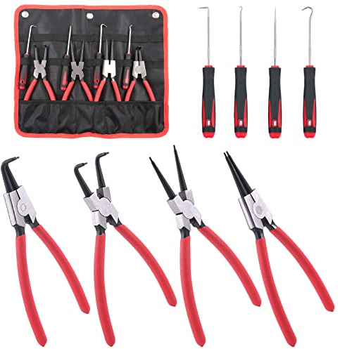 Rustark 8Pcs 9 Inch Snap Ring Pliers Heavy Duty Hook Tool Set Internal External Circlip Pliers Tool Kit Straight Bent Jaw Pliers for Automotive Ring Removal Retaining