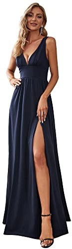 Ever-Pretty Vestito da Cerimonia da Donna Alta Elasticità Scollo a V Linea ad A con Spacco Stile Impero Blu Navy 38