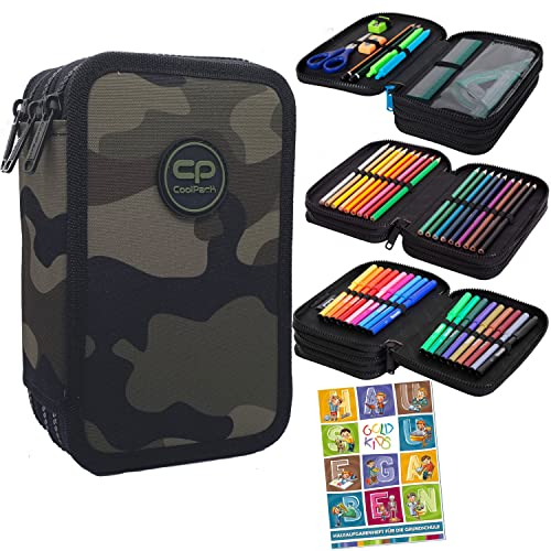 Goldkids Federtasche 3-fache Federmappe Federmäppchen 46-teilig gefüllte Schüleretui Stifte und Pinsel inkl. Aufgabenheft Federbox Etui Stiftetasche Schlamper-Etui Schul-Etui Soldier Military