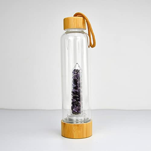 BiiKoon Healing Crystal Water Bottle,550ml Gemstone Infused Energy Water Bottle Natural Quartz Gravel Sport Drinks Bottle Removable Crystal Quartz Glass Cup (Color : Amethyst, Size : 550ml)