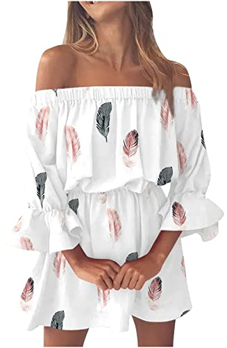 Damen Bandeau Sommerkleider Sexy Trägerloses Schulterfreies Blumendruck Kleid Strand Lässige Tunika Sommerkleider Casual Loose Rüschen Minikleid Mini Blumenkleid Kleid für Frauen (Weiß, M)