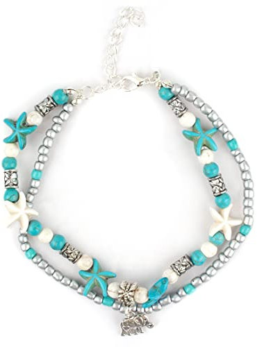 FußKettchen TüRkis FußKettchen Boho FußKettchen Elefant AnhäNger Verstellbar Geschichtet FußKettchen Damen MäDchen FußKettchen Strand Seestern FußKettchen Geeignet FüR Party, Festival, Hochzeit