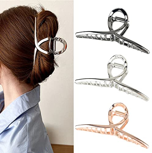 Haarklemmen große Haarkralle 4,5 Haifarkralle Barrette glänzende Metallhaarklemmen Halt Haarzubehör für Frauen und Grillen 3 Stück (Silber, Schwarz, Rose Gold)