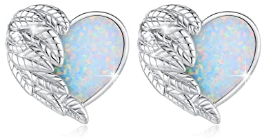 Engelsflügel Ohrringe Damen 925 Sterling Silber Herz Opal Ohrringe Flügel Ohrstecker Hypoallergene Opal Schmuck Geschenk Valentinstag für Mädchen Frauen Kinder