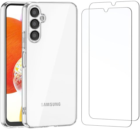 NEW'C für Samsung Galaxy A14 5G/4G Hülle Case + 2X Panzerglas | Hülle Transparent + 2x Displayschutz, 6,6 Zoll, Handyhülle, Stoßfest, Kratzfest, Dünn, Erhöhte Ränder, Anti-Fingerabdruck