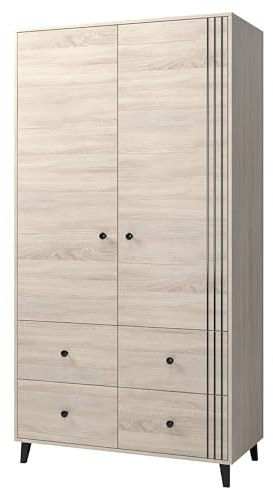 Fabryka Mebli Idźczak - Kinderzimmer Kleiderschrank Fox 4S2D 06 mit Schubladen - ‎55 x 104 x 202 cm Schrank - Drehtürenschrank Schwarze Metallgriffe - Modernes Design