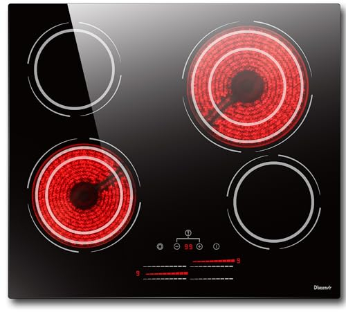 Placa Vitroceramica 4 Fuegos 6600W Disaenvir, Vitroceramica Induccion Empotrable de 230v Doble Anillo, Placa Electrica Cocina con 9 Puestos, Control Deslizante, Temporizador, Cerradura Infantil, Negro