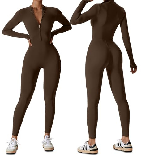HOMDECR Damen Sport Jumpsuit Lang Eng Yoga Overall Langarm V-Ausschnitt Playsuits Mit Reißverschluss Jogging Strampler Hosenanzug Trainingsanzug
