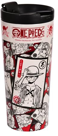 Elbenwald Termo One Piece - 425 ml - Vaso para llevar de acero inoxidable con tapa a rosca y apertura cerrable (altura 19 cm) - Blanco/Rojo con motivo de Luffy