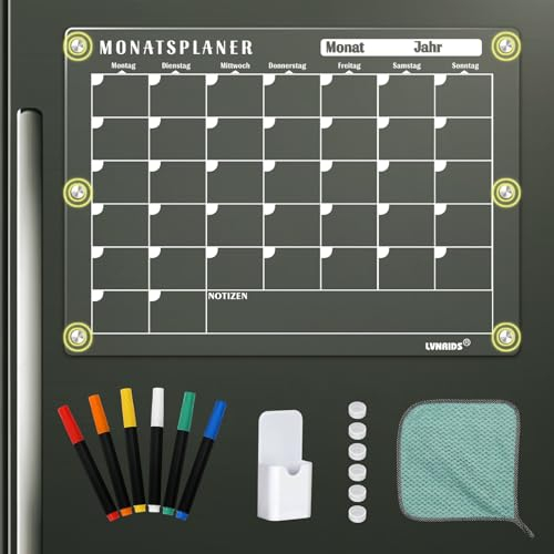 LVNRIDS Magnetisch Kalender Monatsplaner Abwischbar Kühlschrank, 42 x 30cm Deutsch Acryl Magnettafel Kalender für Kühlschrank, Acryl Transparent Planungstafeln(Monats)