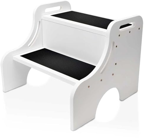 Merrynine Upgraded Wooden Step Stools for Kids, Toddler Step Stool with Non-Slip Mat for Bathroom Sink, Kitchen, Thickened Wood, Double Handles, Pre-Slotted Side Plate, (15.8*14.96*12.6,5.6LB,White)