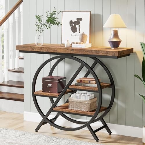 Tribesigns Table Console, 100 cm Table d'entrée avec Plateau épais, Industrielle Table de canapé Tables d'appoint avec Cadre métallique géométrique pour Le Salon, l'entrée, Brun Rustique