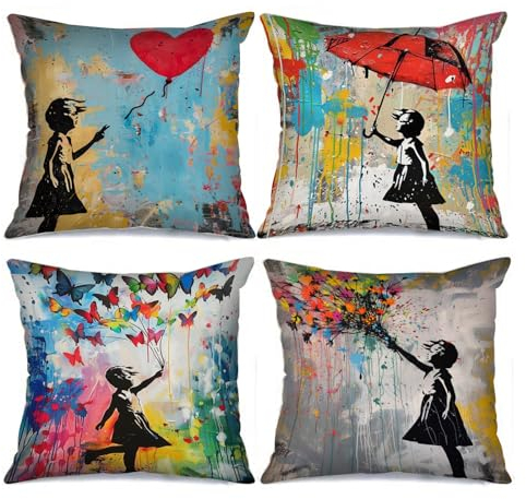 Tucocoo Funny Banksy Girl Dekokissenbezüge, 45 x 45 cm, Graffiti-Street-Pop-Art, dekorative Kissenbezüge, abstrakt, kreativ, kleines Mädchen, Moderne Dekoration für Couch, Bett, Terrasse, Bank