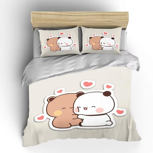 Generisch Bettwäsche 135x200cm 3Teilig Cartoon-Bär Bettwäsche-Sets Anime Kawaii Bär Kinder 3 Teilig Mikrofaser 3D Motiv Modern Bettdeckenbezug Mit Reißverschluss und 2 Kissenbezug 80x80cm