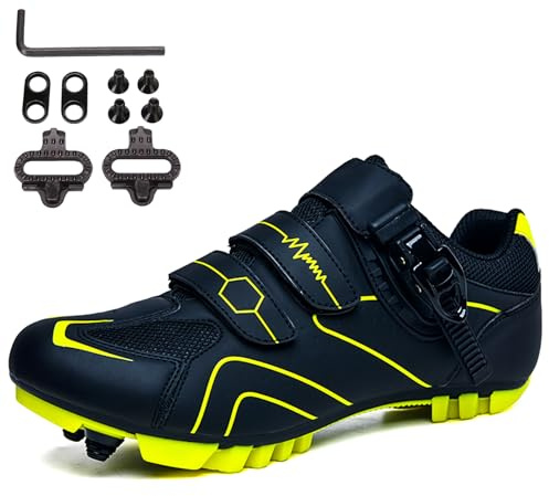 SDEQA MTB Schuhe, Moutntain Fahrradschuhe Herren Damen kompatibel mit SPD 2 Schrauben mit Cleats Radschuhe Mountainbike Schuhe Draussen Radsportschuhe,Black Green,44 EU