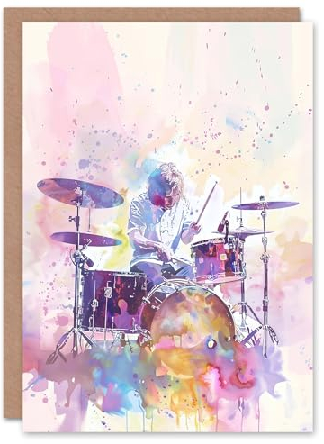 Artery8 Greeting Card Rainbow Modern Watercolour Portrait Drummer Drums Blank for All Him Or Her Art Birthday Card