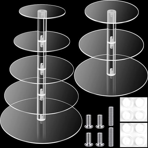 2 Sets Acrylic Cupcake Stand Clear Display Holder Stand Cupcake Tower Cookie Candy Dessert Stands Tiered Cake Stand Round Acrylic Tray Serving Stand for Wedding Party Baby Shower(3 Tier and 5 Tier)