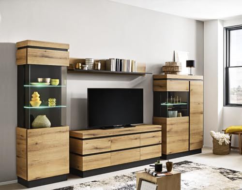 möbelando Wohnwand >Corte< (4-teilig) in Coast Evoke Eiche Dekor - 325x201x45cm (BxHxT)