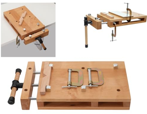 QWEXOB Tragbare Hobelbank 52x28x7 cm & Schraubstock Mini-Werkbank aus Buchenholz Mobil Tragbar für Klemmen Hobeln