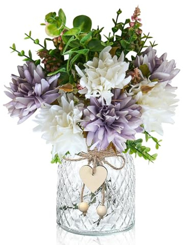 Duscdesp Künstliche Blumen im Vase, Blumenstrauß Künstlich mit Glasvase Kunstblumen im Topf, Kunstblumenstrauß Tisch Deko Esstisch Tischdeko für Esszimmer Home Decor Küche Hochzeit Party Büro(Violett)