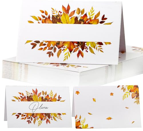 50Pcs Marque Place Automnal Motif Feuille d’érable 8,5x5,5cm Porte Nom Carton Placement Carte Prénom Blanche Décoration Table pour Mariage Anniversaire Fête (B)