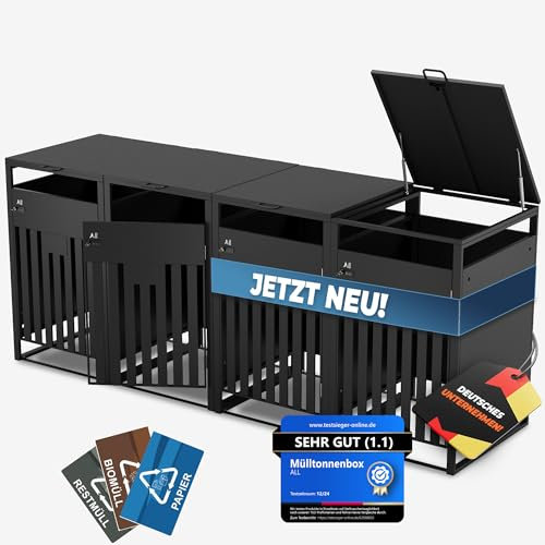 ALL Premium Mülltonnenbox 4er – Abschließbar & wetterfest, für Garten, Hof & Straße, beliebig erweiterbar, legierter Stahl robust & langlebig