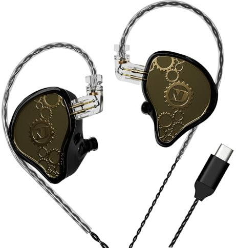 ND Venus in Ear Monitor Headphones, 10mm Double Magnetic Dynamic Driver IEM Earphones, HiFi Wired Gaming Earbuds, 2 Pin Detachable Cable (Without Mic, Black, USB-C Port)