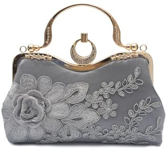 CORIOS Damen Abendtasche Blumenstickerei Clutch Hochzeit Brautbörse Handtasche Retro Schultertasche Elegante Umhängetasche Luxuriös Bankett-Party Klein Tasche Dunkelgrau