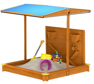 GKPSSURV Holzsandkasten mit Aufbewahrungsbox, Sandkasten mit Verstellbarem Vordach, wasserdichte Abdeckung, Bodenauskleidung, Sandkasten für Hinterhofstrand