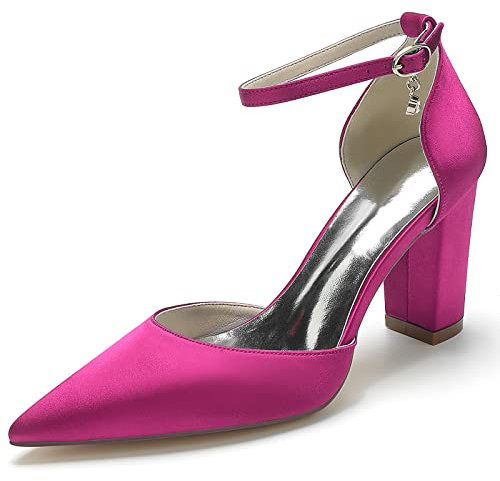 HFWXYSA Scarpe da sposa da donna con tacco a blocco, punta appuntita, cinturino alla caviglia, per balli e serate, Fucsia, 42 EU