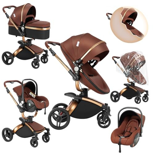 Sianldcone PU-Leder Kinderwagen 3 in 1, 360° Drehbarem Sitz Kinderwagen Set, Zwei-Wege-Schiebefunktion Reisesysteme, Offene Sicht Kombikinderwagen 3 in 1 Komplettset (906 Brown)