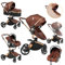 Sianldcone PU-Leder Kinderwagen 3 in 1, 360° Drehbarem Sitz Kinderwagen Set, Zwei-Wege-Schiebefunktion Reisesysteme, Offene Sicht Kombikinderwagen 3 in 1 Komplettset (906 Brown)