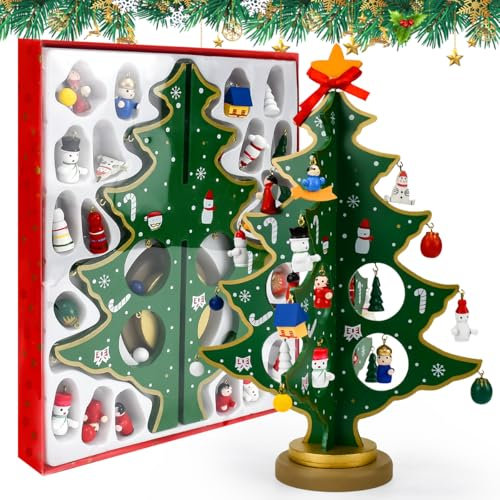 EUIEUT Mini Weihnachtsbaum Tischplatte Weihnachtsbaum Holz Künstlicher Weihnachtsbaum Klein Schreibtisch Dekoration Weihnachten Künstlich Christbaum mit 24 Mini Weihnachtsschmuck für Weihnachten Deko