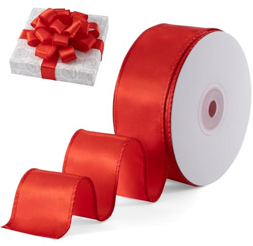 FAKILO Satin Wired Ribbon Wire Edged Red Christmas Ribbon for Gift Wrapping Christmas Tree Decoration Bows Making Wreath DIY Crafts Holiday and Home Decor (Red, 38mm X 18m)